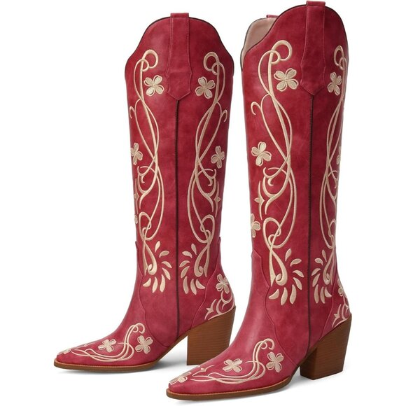 Women's Knee High Heel Floral Embroidered Red Classic Design Western Boots - Picture 4 of 8